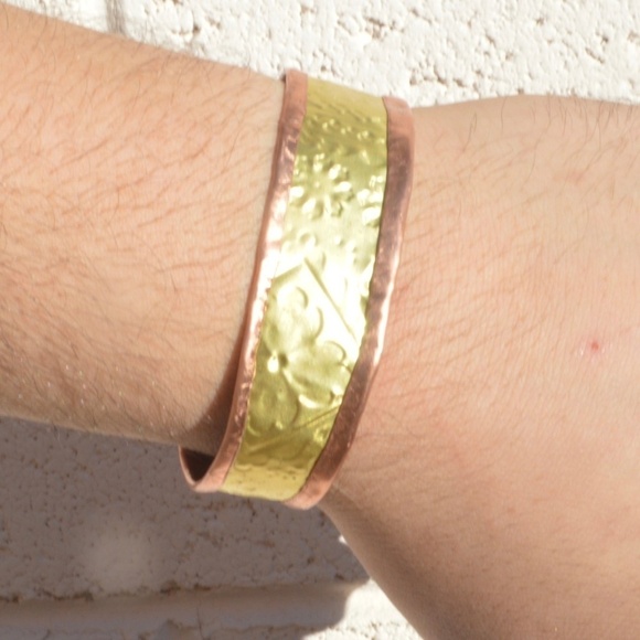Rustic Brass Copper Cuff Bracelet Slim Mens Mans - Picture 4 of 14